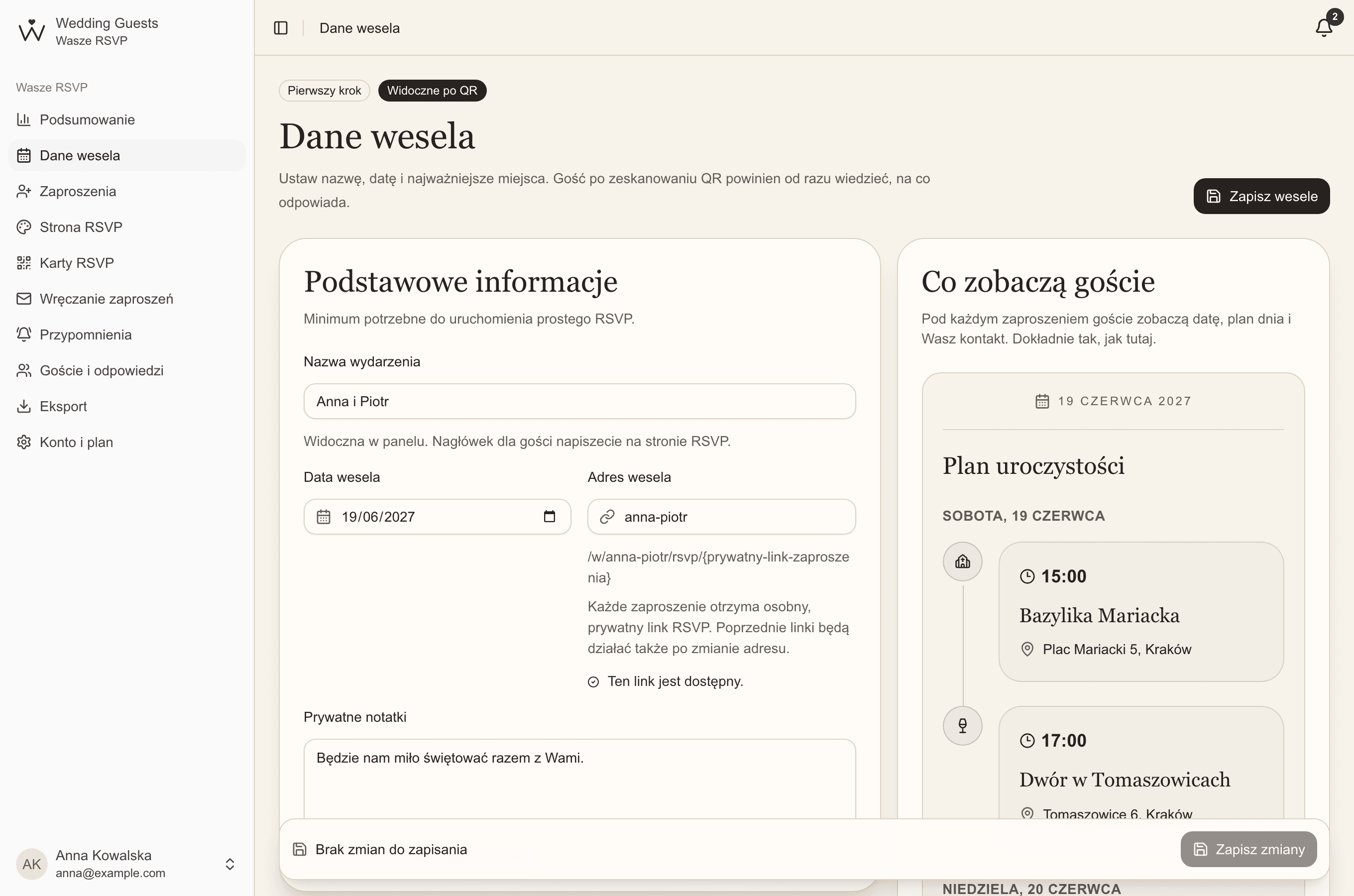 Zakładka Dane wesela: nazwa, data i adres strony, a obok podgląd planu uroczystości, który zobaczą goście