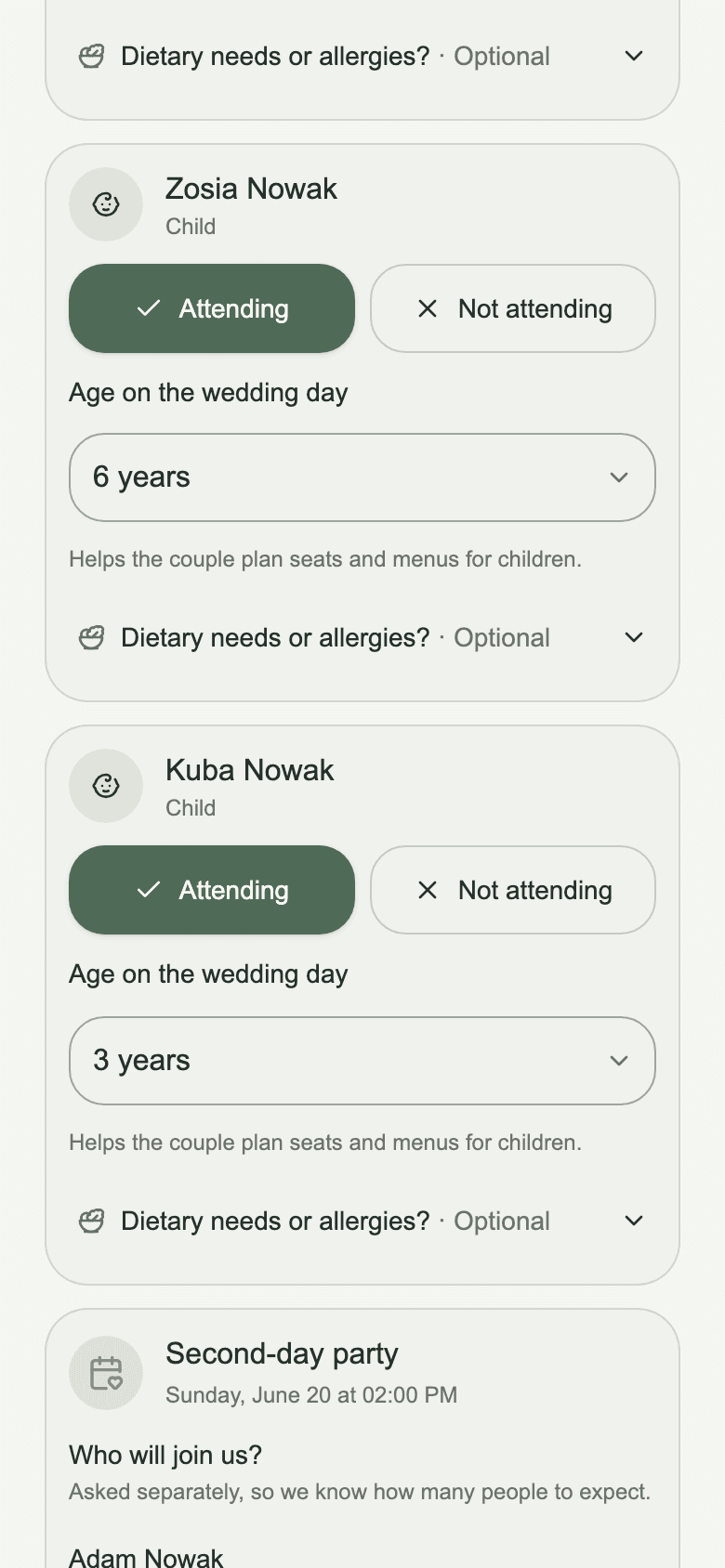 The reply form on a phone: attendance for each person, children's ages, diet and the second-day party question