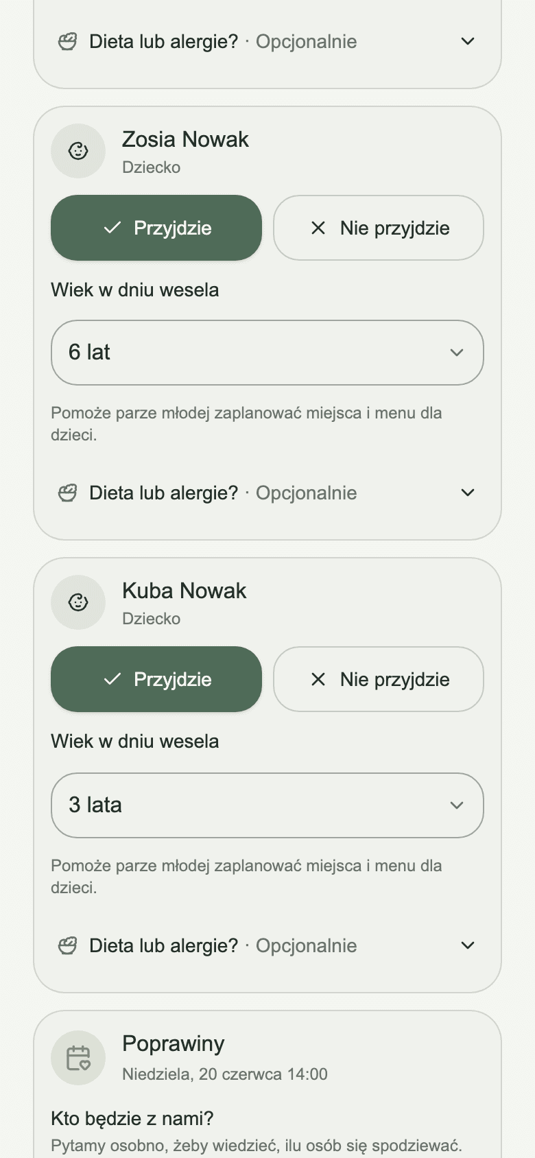 Formularz odpowiedzi rodziny Nowaków: obecność każdej osoby, wiek dzieci, dieta i poprawiny