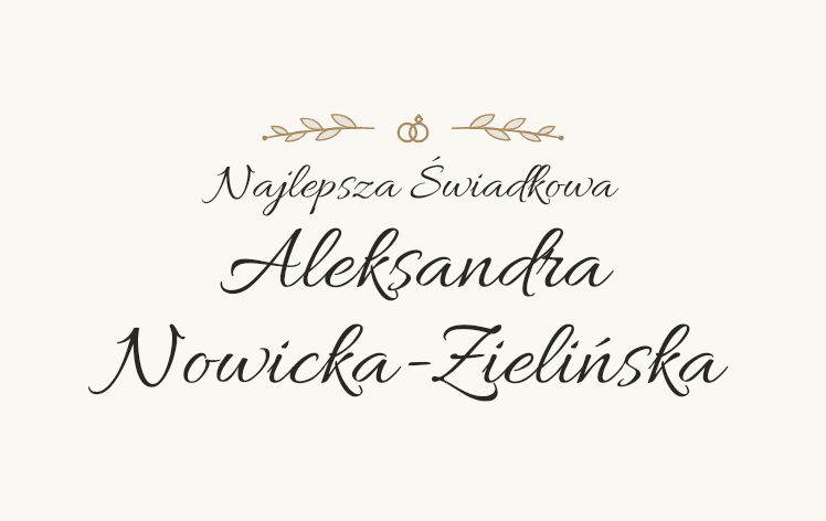 Winietka w stylu klasycznym: botaniczny ozdobnik z obrączkami, linia Najlepsza Świadkowa i imię z nazwiskiem w dwóch liniach