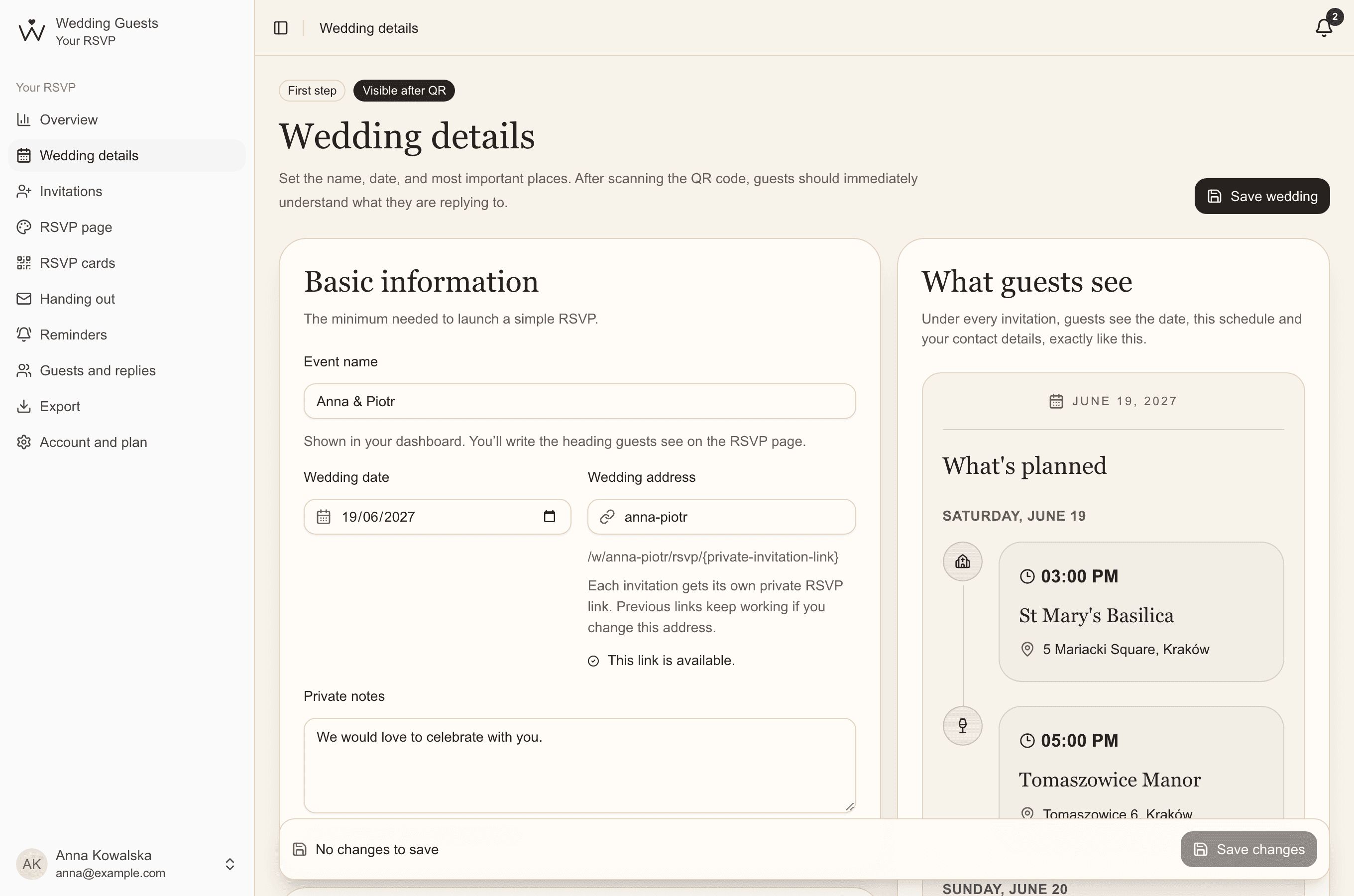 Wedding details: name, date and page address, with a preview of the schedule guests will see