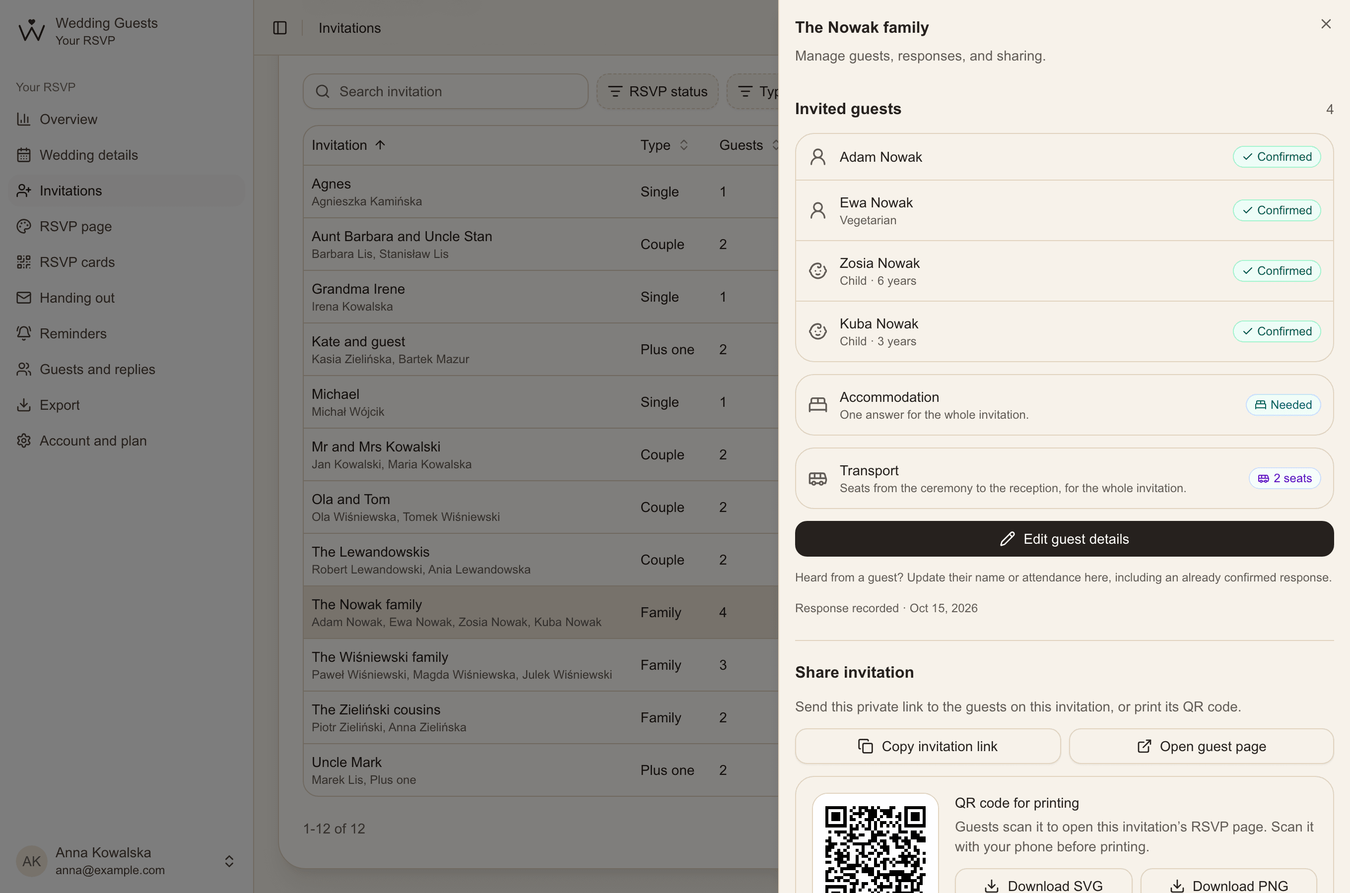 The Nowak family's invitation details with its guests, their replies and a QR code to download as SVG or PNG