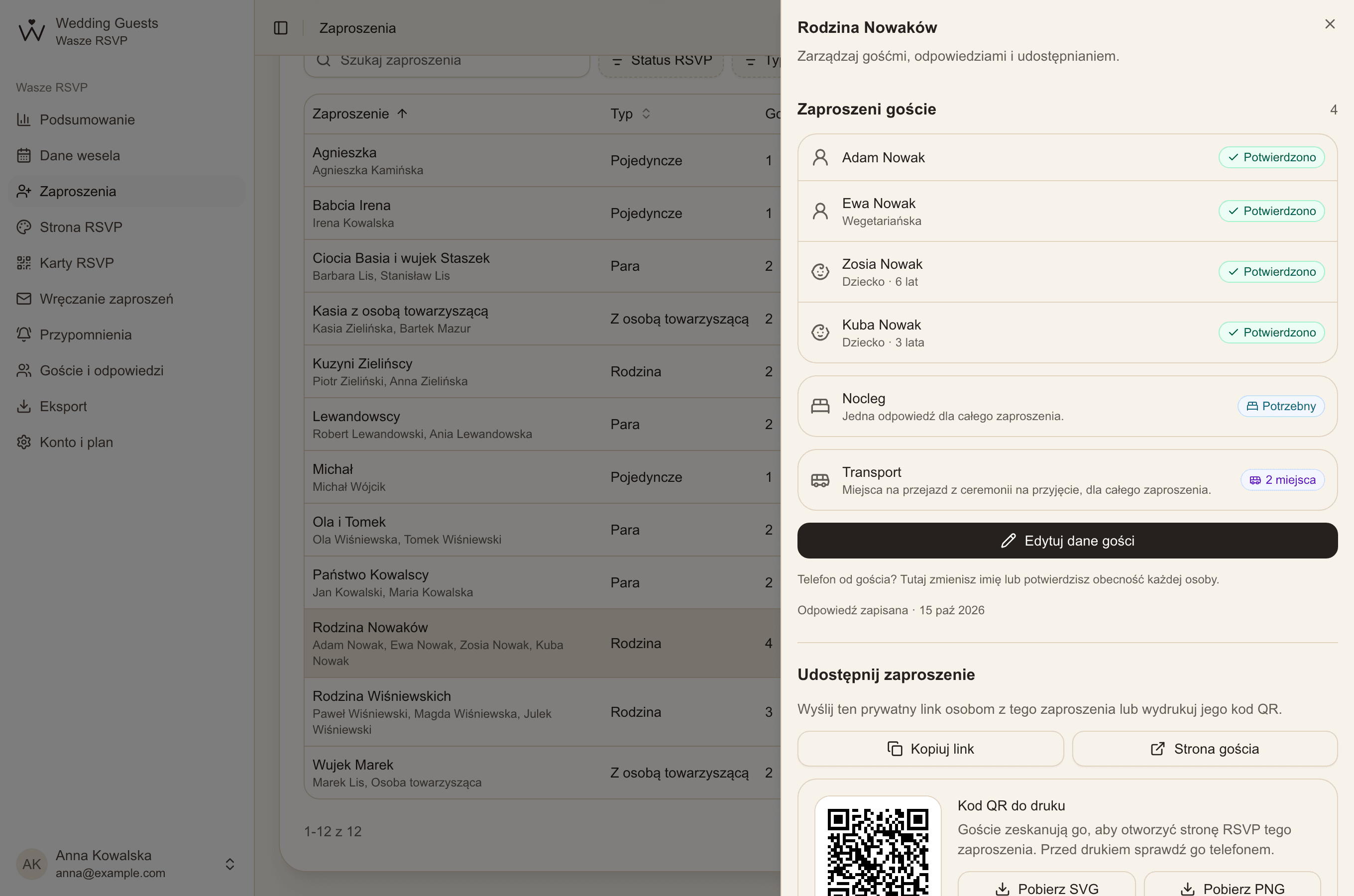 Szczegóły zaproszenia Rodziny Nowaków z listą gości, odpowiedziami i kodem QR do pobrania jako SVG lub PNG