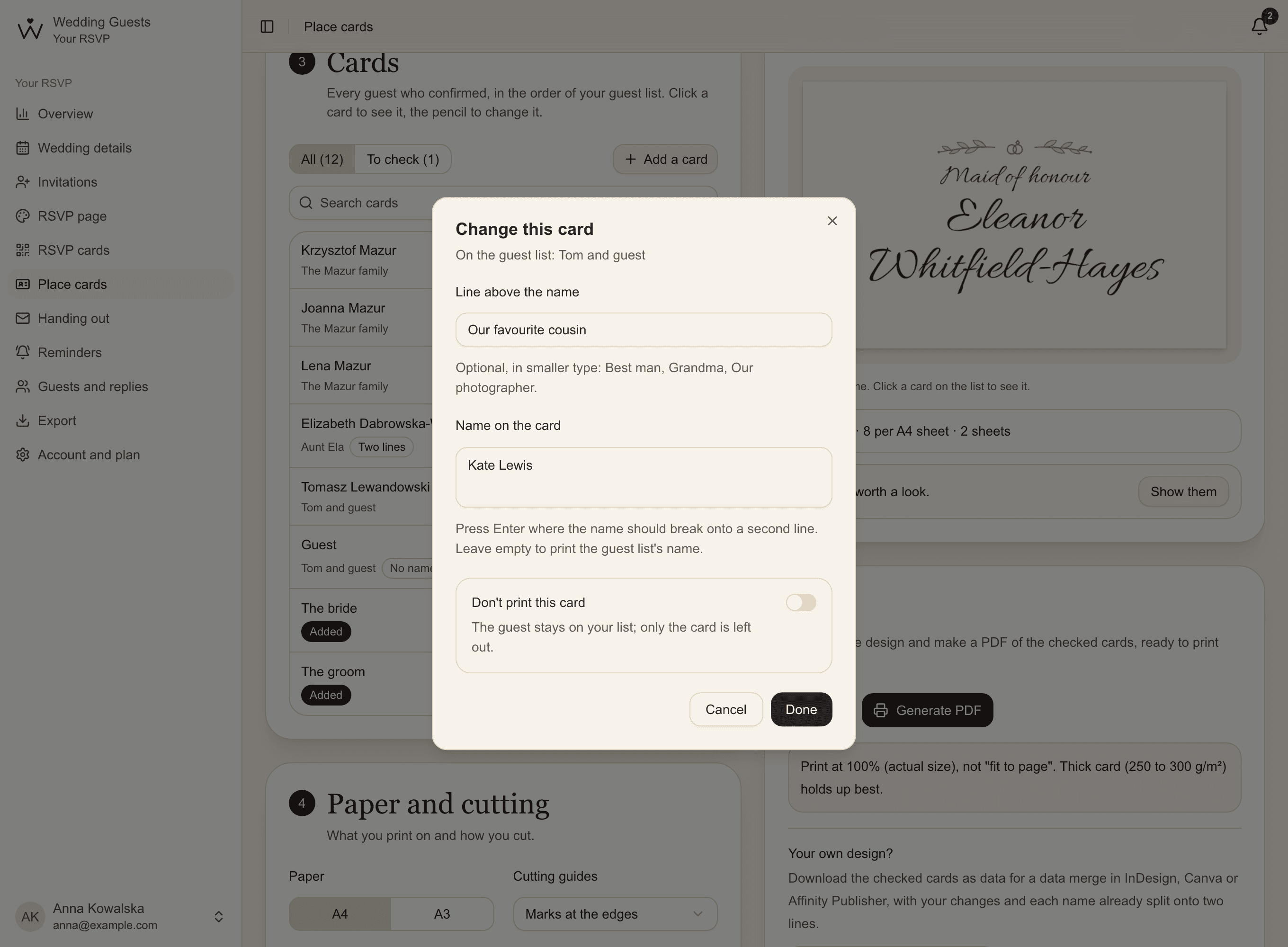 The Change card dialog: the line Our favourite cousin above a new name in place of the plus one