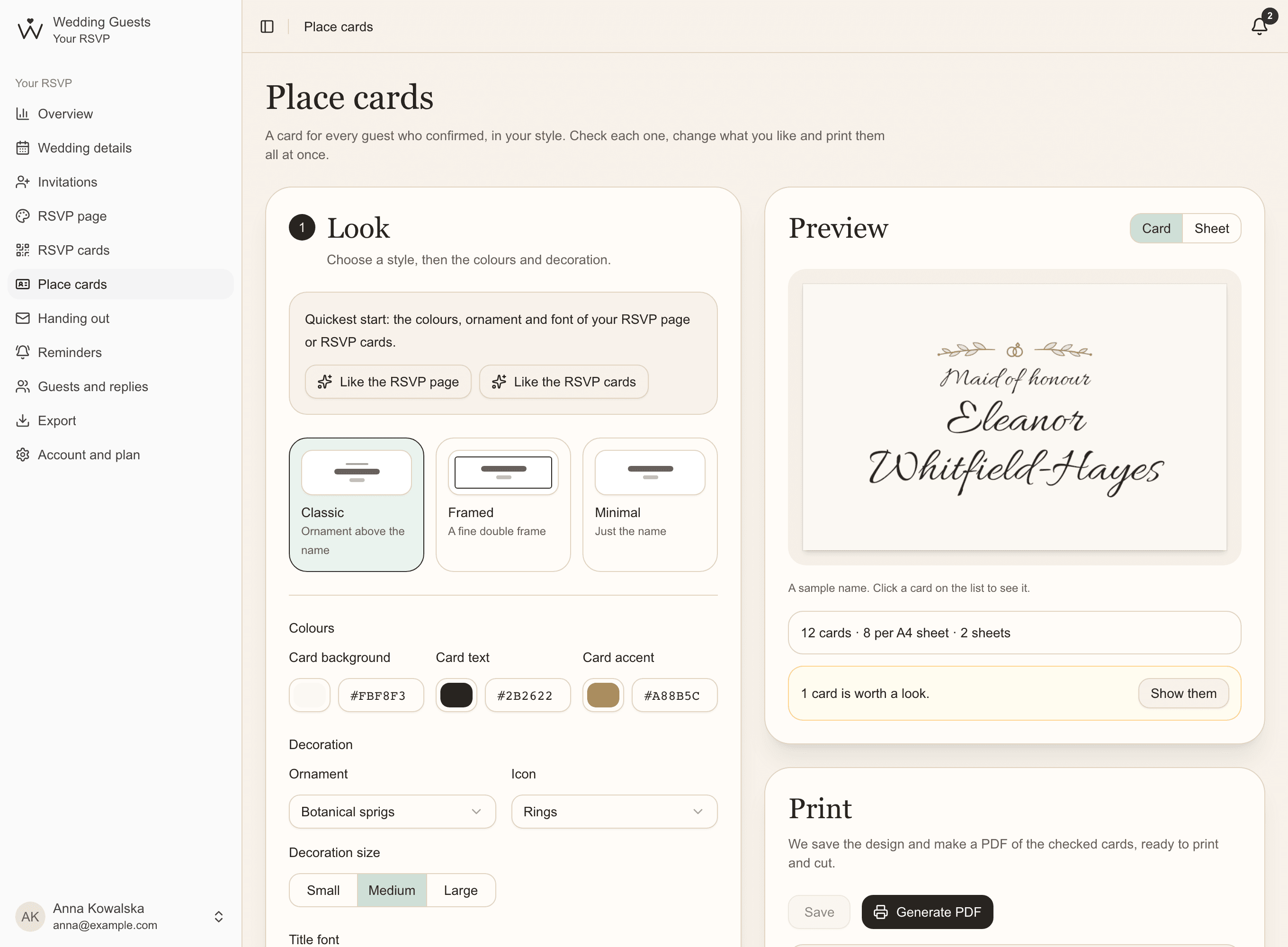 The place card designer: style and colours, with a preview of a card with a botanical ornament