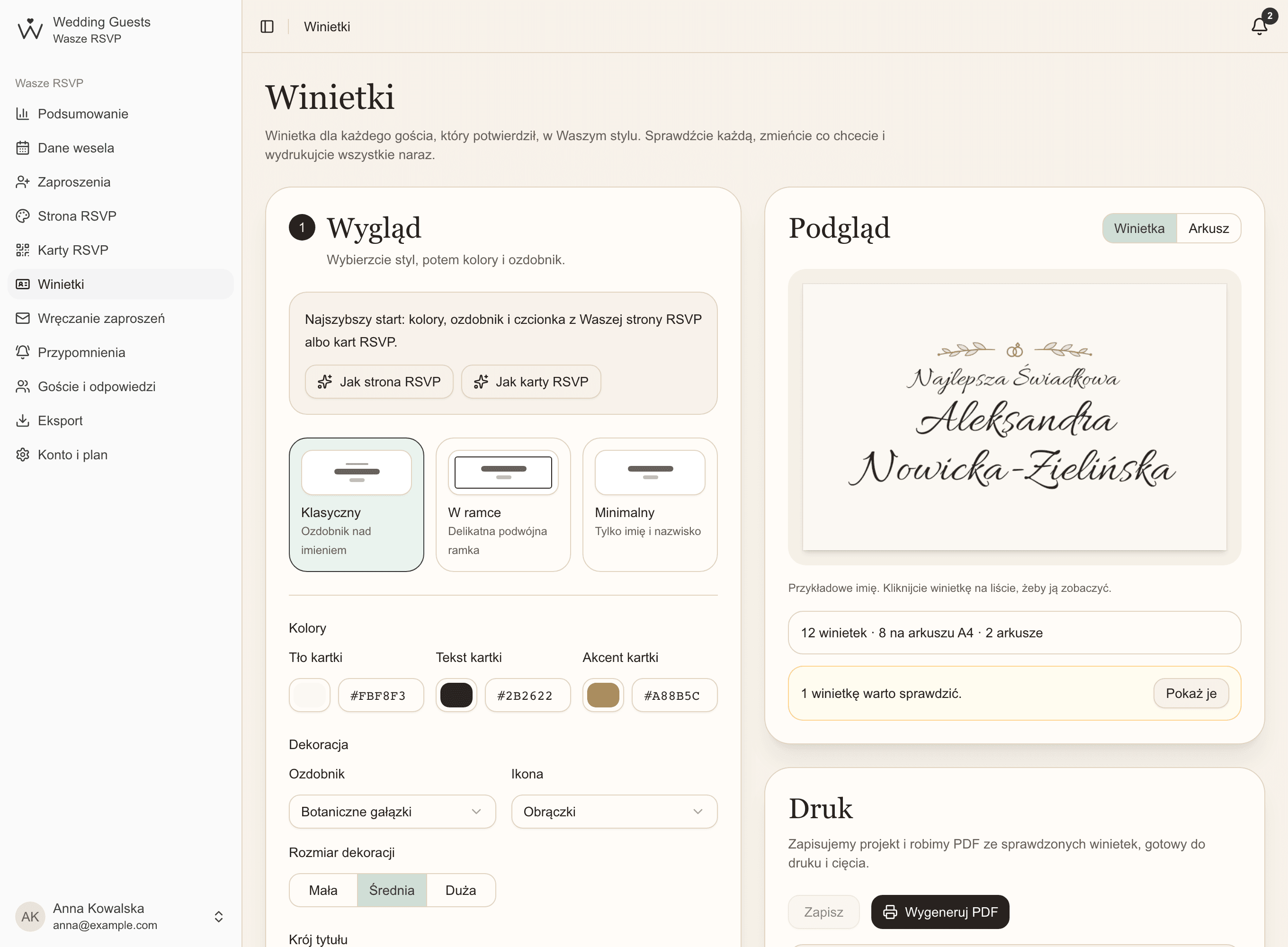 Projektant winietek: wybór stylu i kolorów oraz podgląd winietki z botanicznym ozdobnikiem