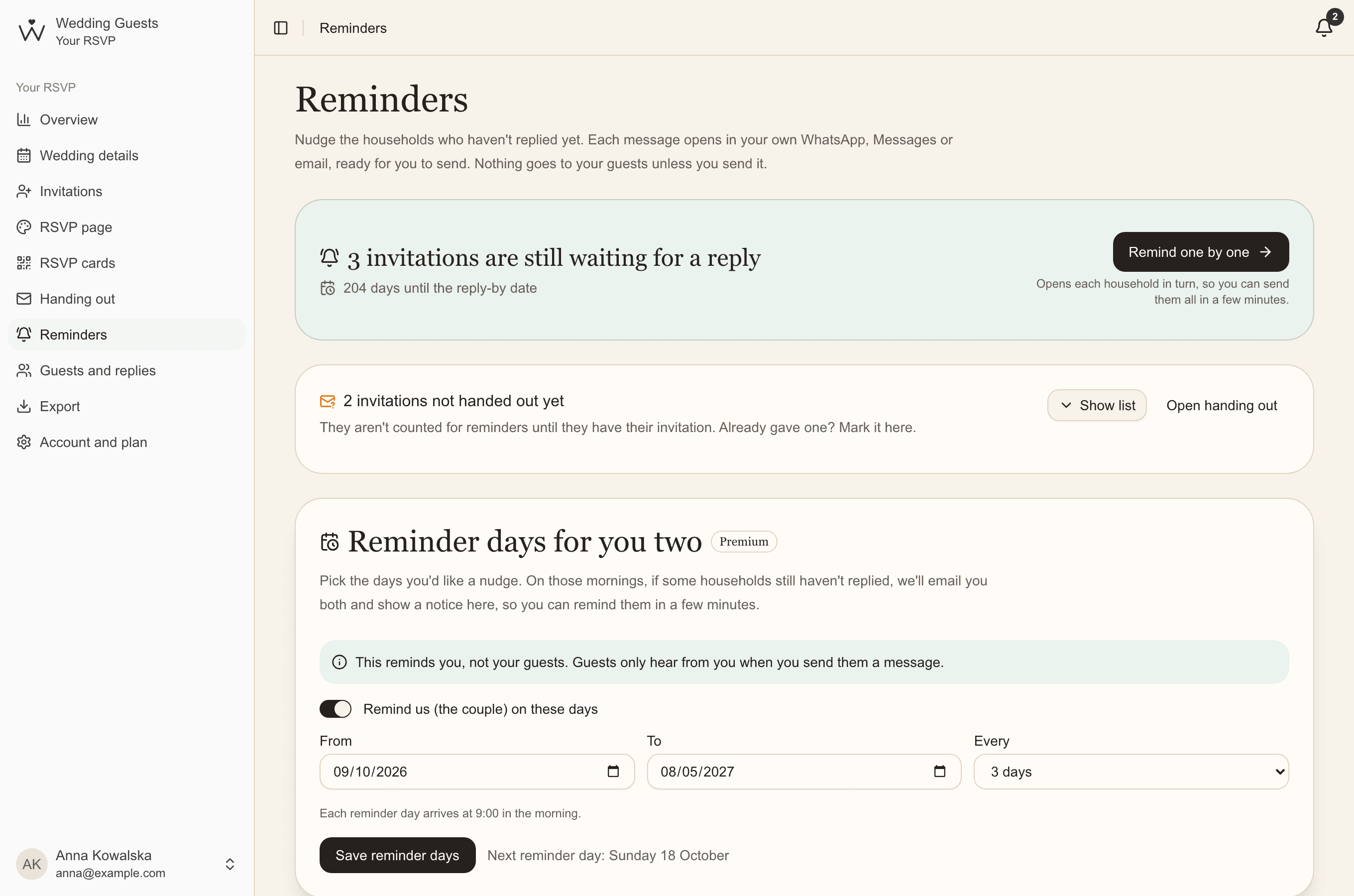 Reminder day settings: from and to dates, every 3 days, and a note that the nudge arrives at 9:00