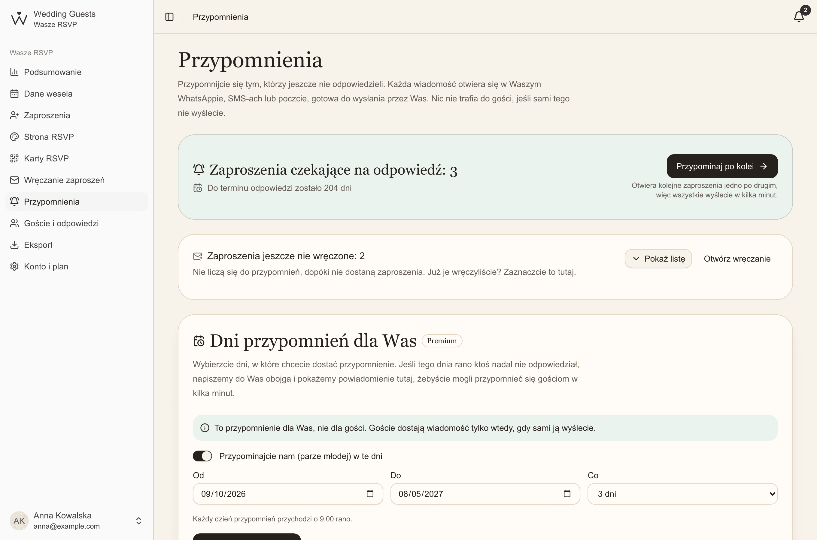 Ustawienia dni przypomnień: okres od do, częstotliwość co 3 dni i informacja, że przypomnienie przychodzi o 9:00