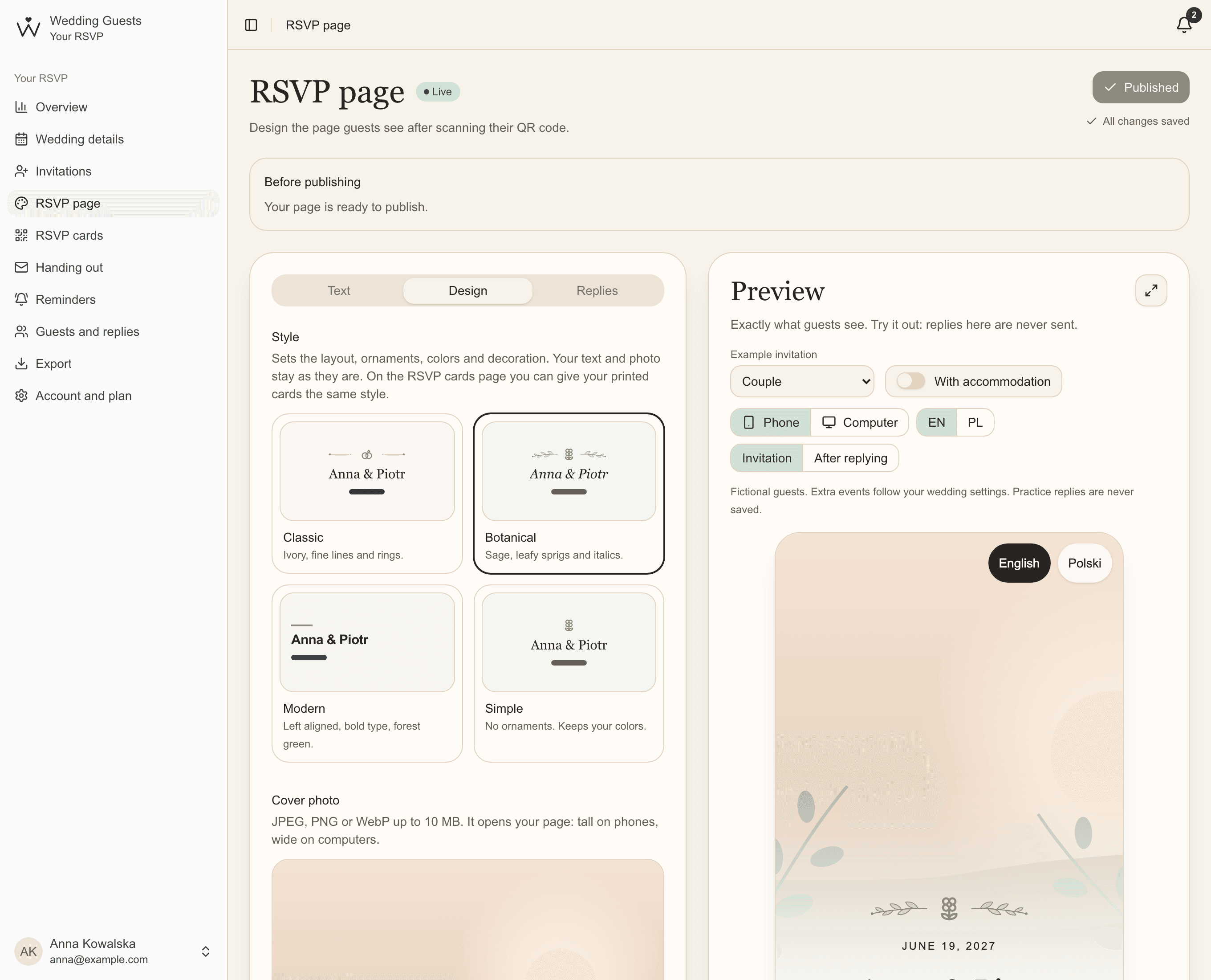 The RSVP page editor with the Classic, Botanical, Modern and Simple styles and a phone preview
