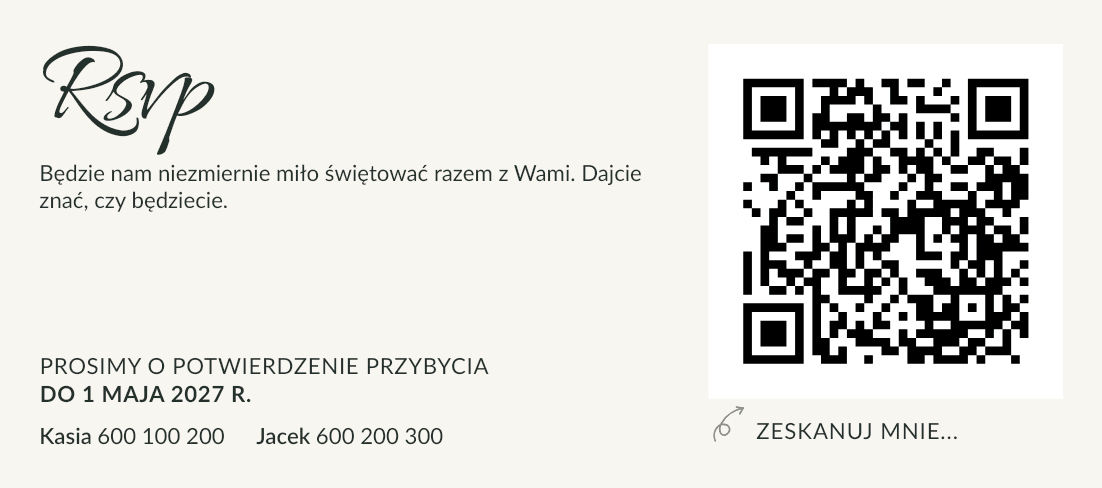 Wydrukowana karta RSVP z osobistym kodem QR zaproszenia