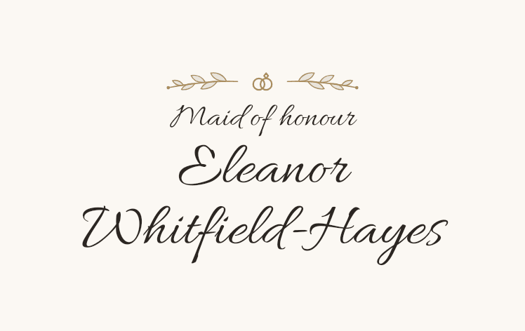 A classic place card: a botanical ornament with rings, the line Maid of honour and the name