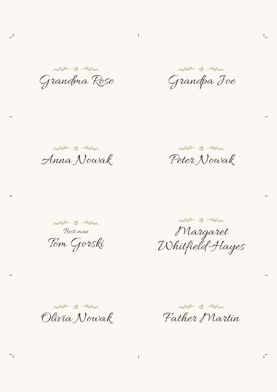 An A4 sheet of eight place cards with cut marks, including a line above a name and a surname on a second line